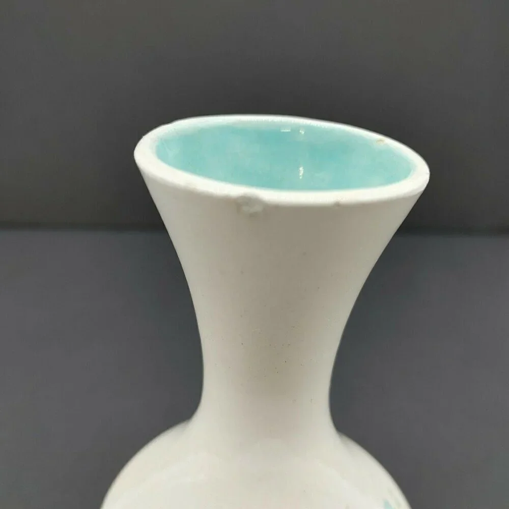 Ceramic Vase With Blue Floral Design & Turquoise Interior Marked Anna 1972 VTG